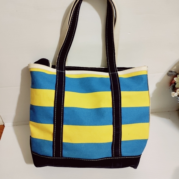 Rare Vintage LL Bean Heavy Canvas Two-Tone Yellow  Blue Trim Boat & Tote Bag USA - Picture 3 of 11